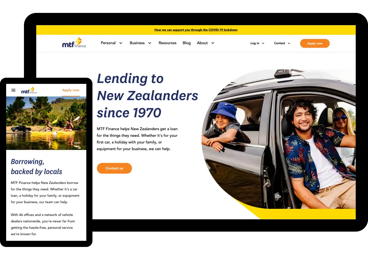 MTF Finance home page mobile and desktop view