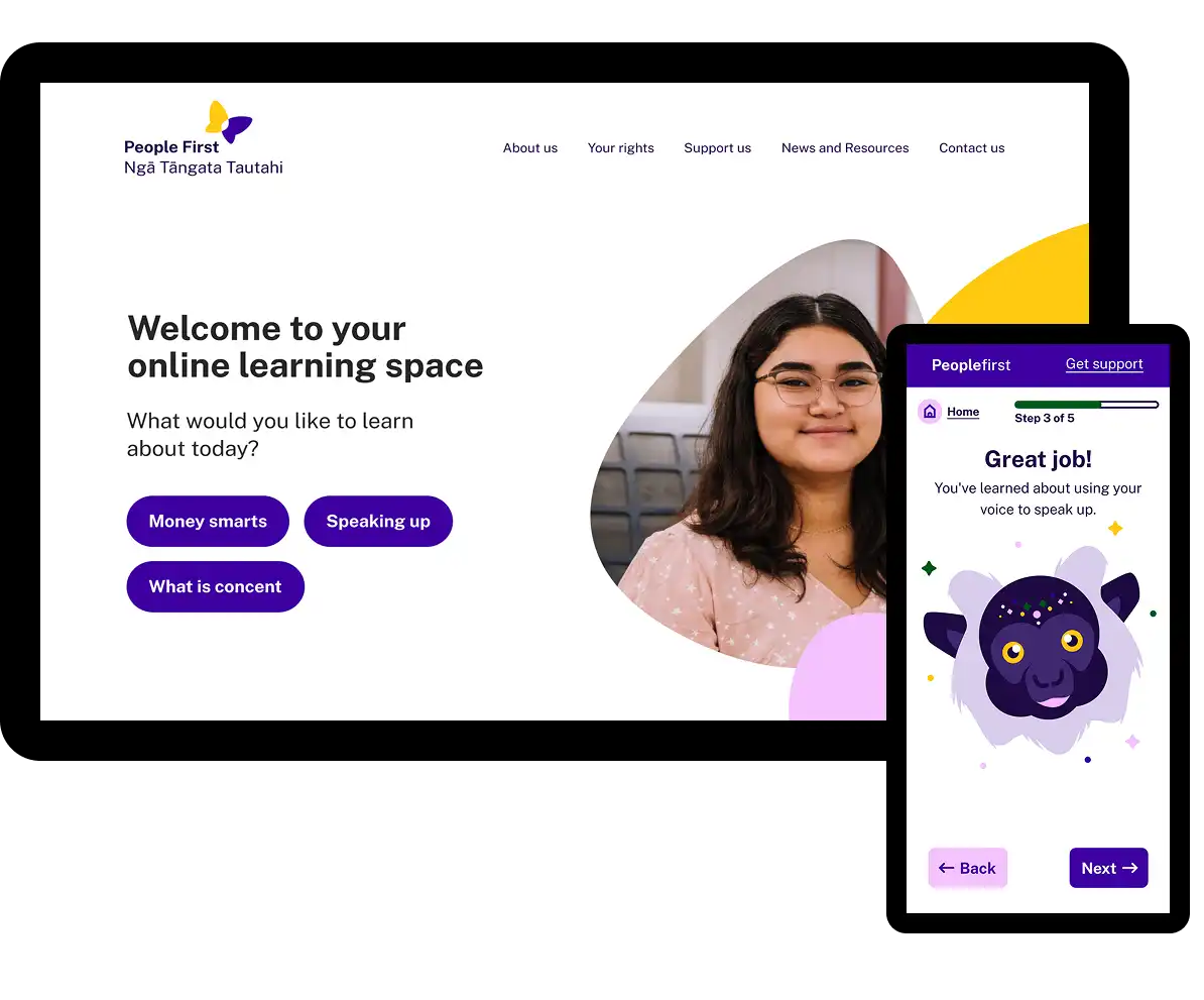 Desktop and mobile view of Learn with Us digital tool for People First