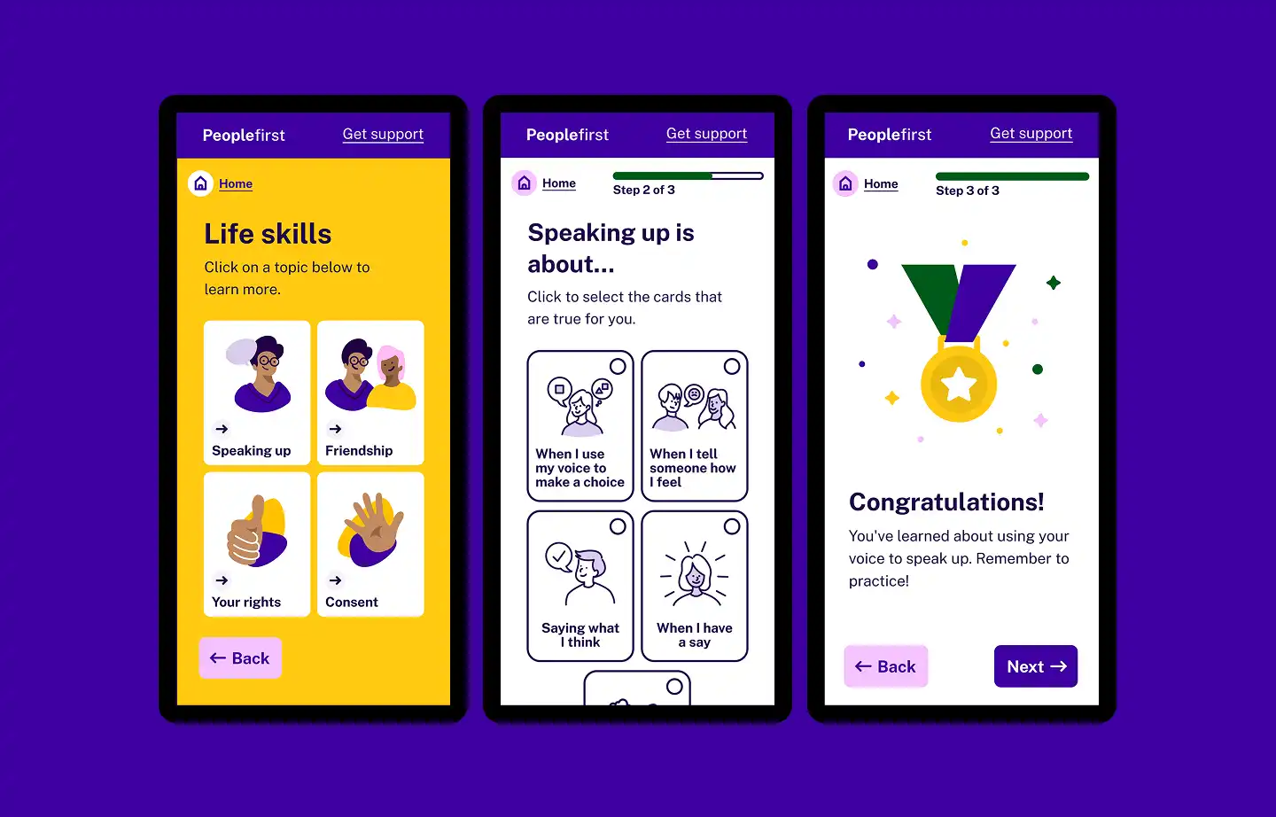 Three mobile device screens of Learn With Us tool for People First