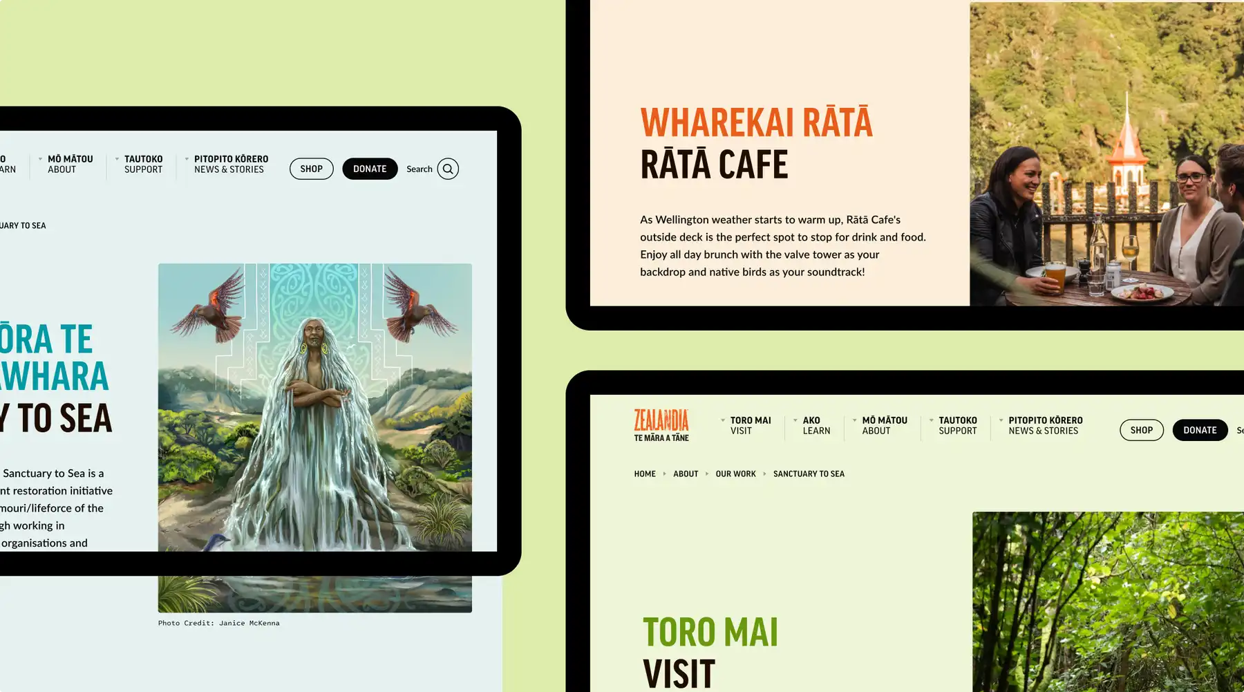 Three computer screens showcasing the Zealandia site
