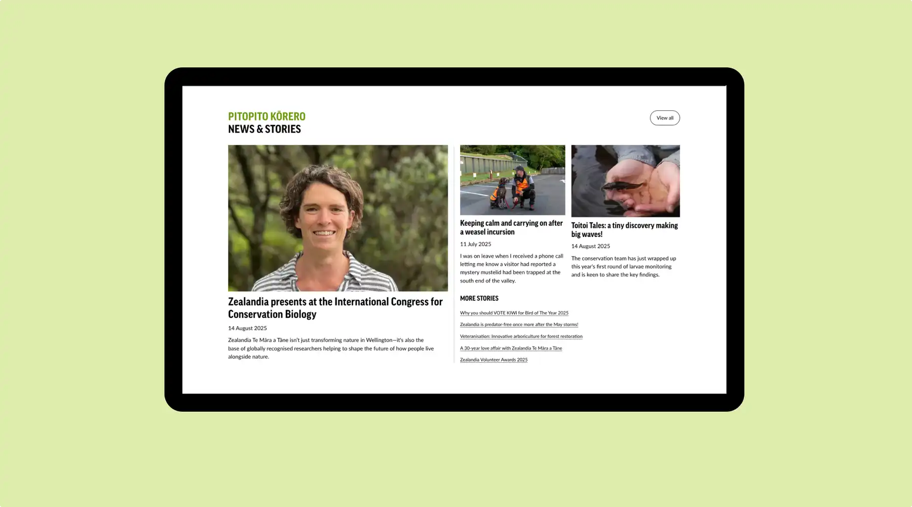 Desktop screen showing Zealandia news and stories page
