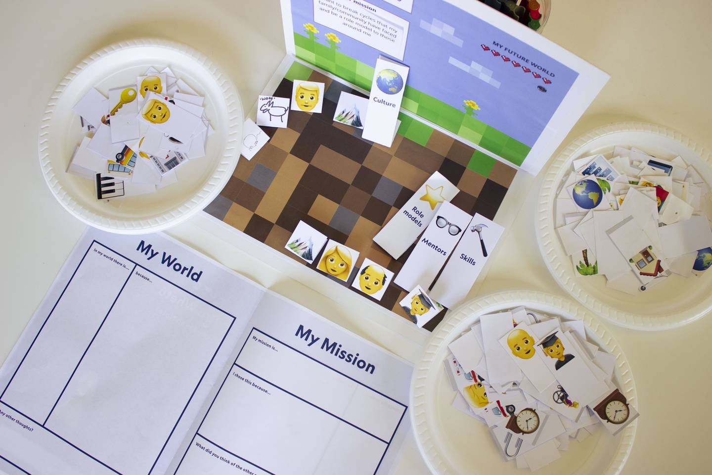 A physical prototyping activity with emoji print outs and a missions and world view table.