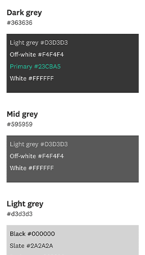 Mobile screenshot of the colour combinations within the New Zealand Government design system