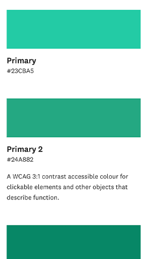 Mobile screenshot of the colours within the New Zealand Government design system