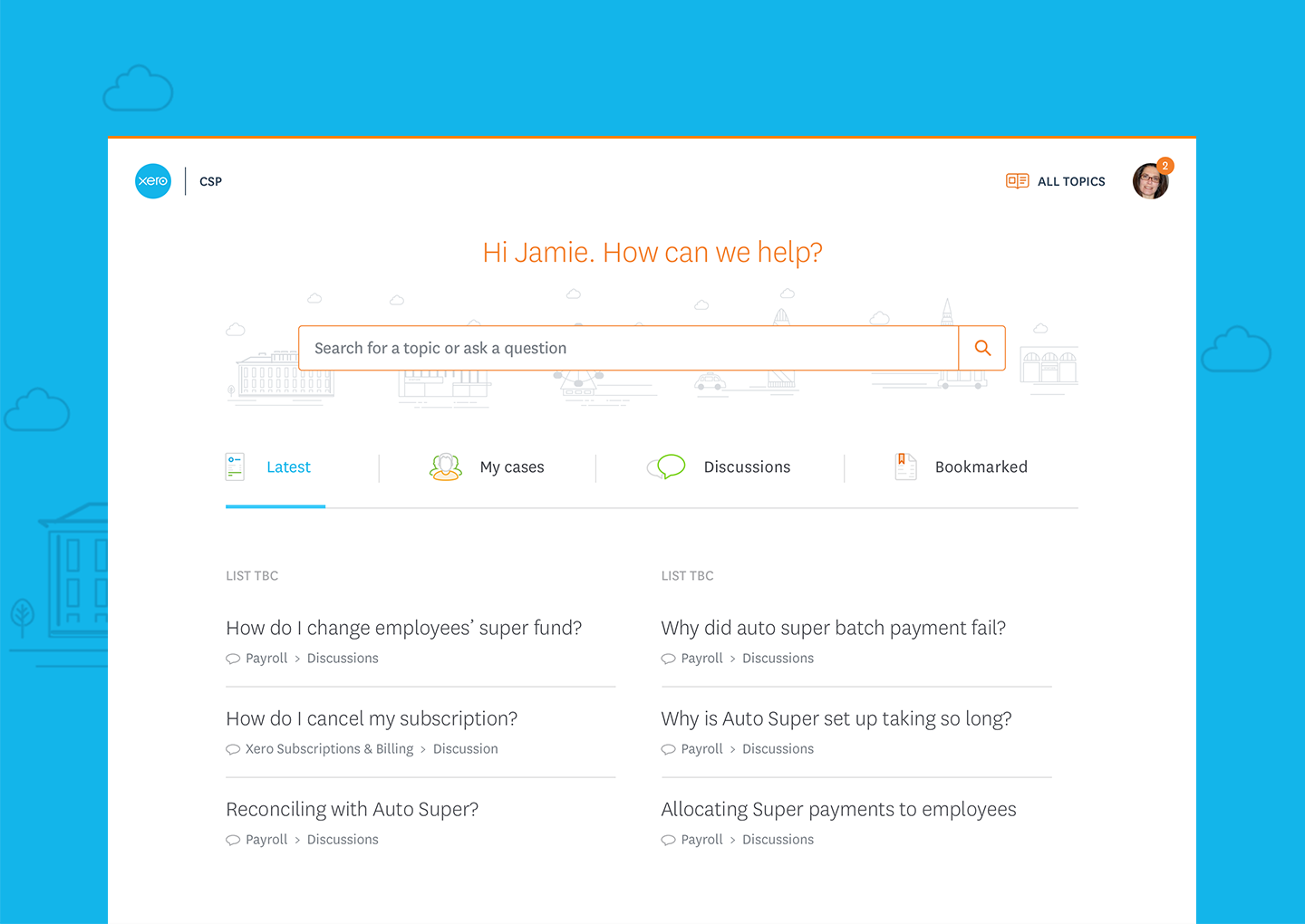 The Xero support interface