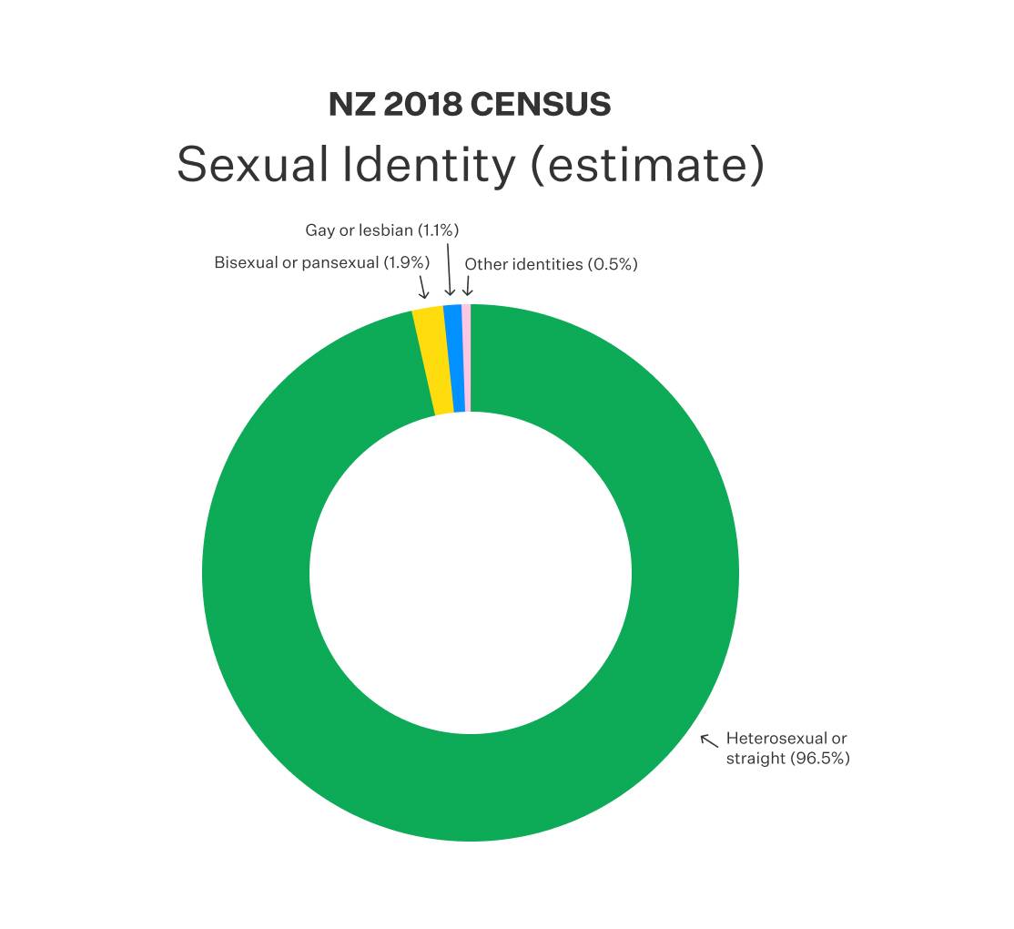 Donut chart displayed the 2018 NZ census data on sexual identity. Results in caption.