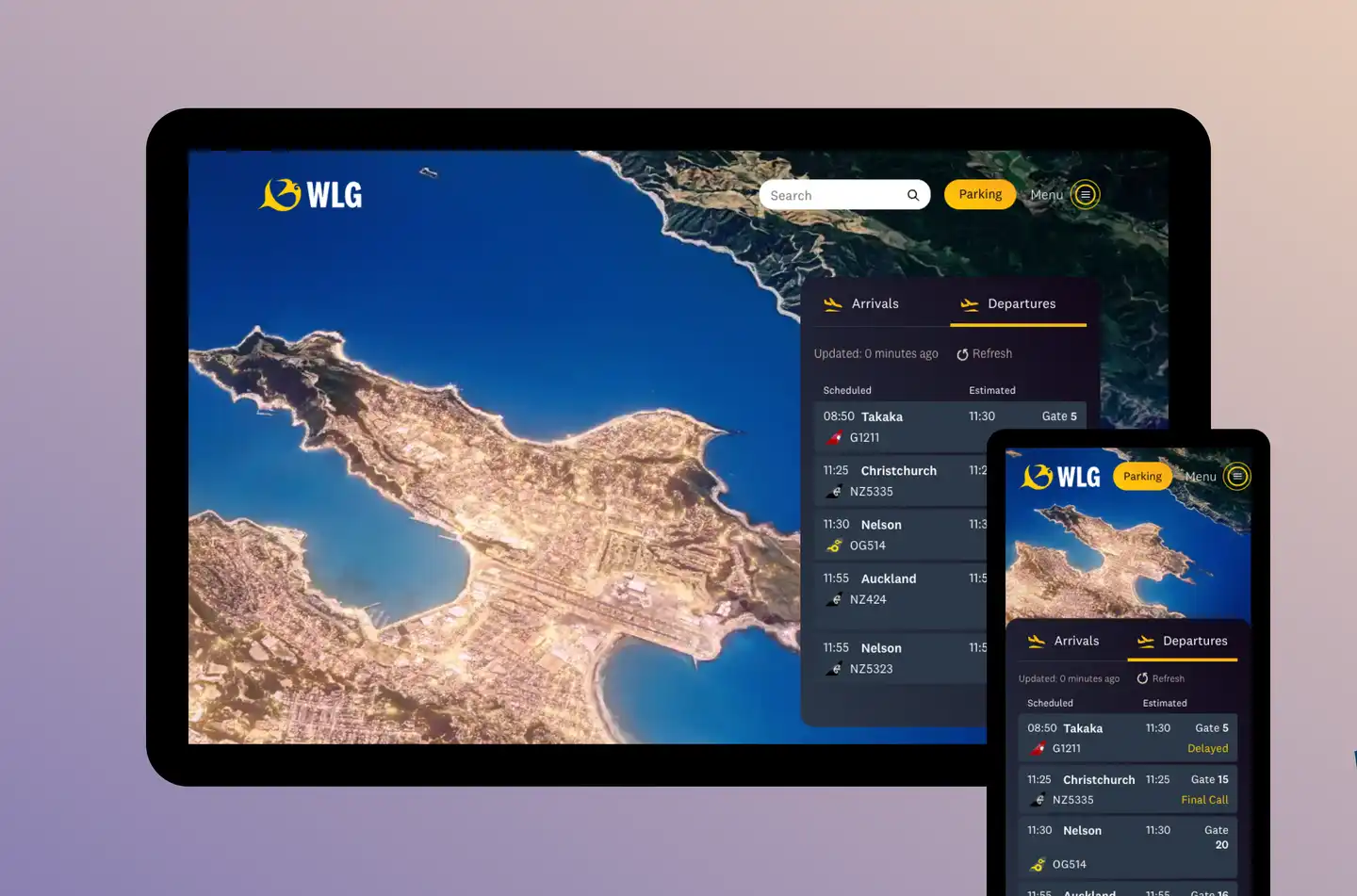 Wellington Airport homepage on desktop and mobile view
