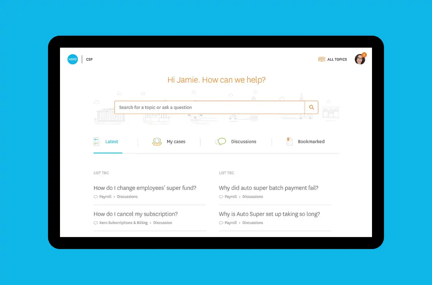 The Xero support interface