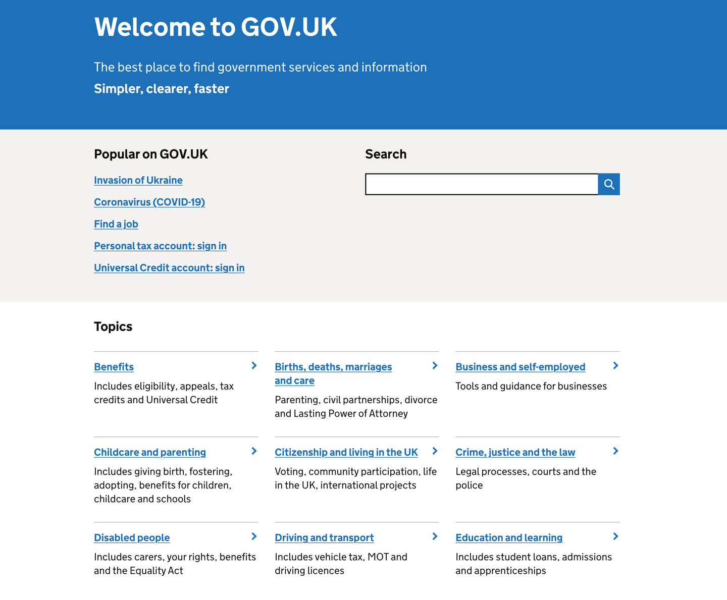 Home page screenshot of the Gov.uk website