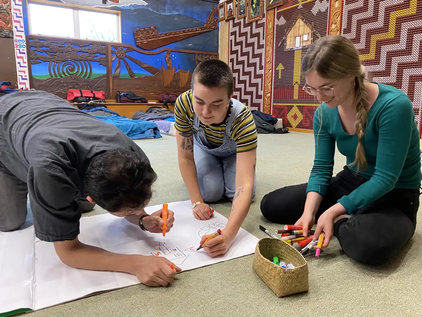 Ali, Alice, and Usha drawing the different stages of a pōwhiri.