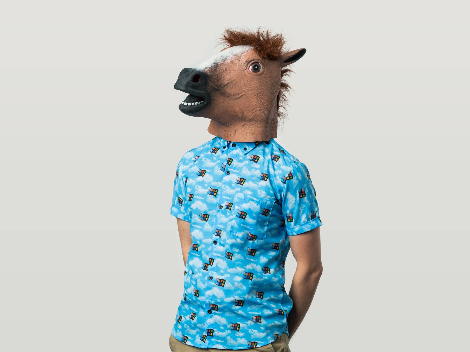 Liam wearing a horse head mask