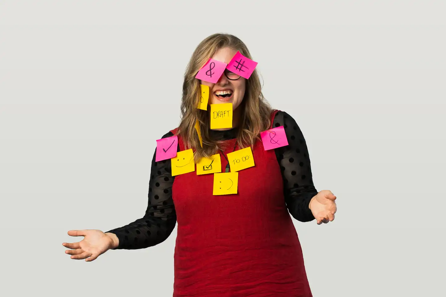 Lucy covered in post-it notes