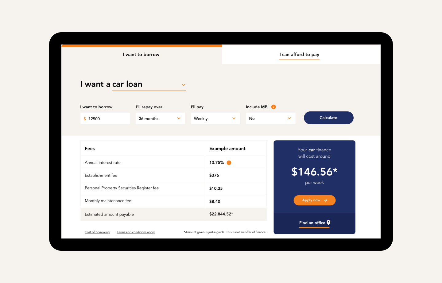 MTF Finance calculator screen
