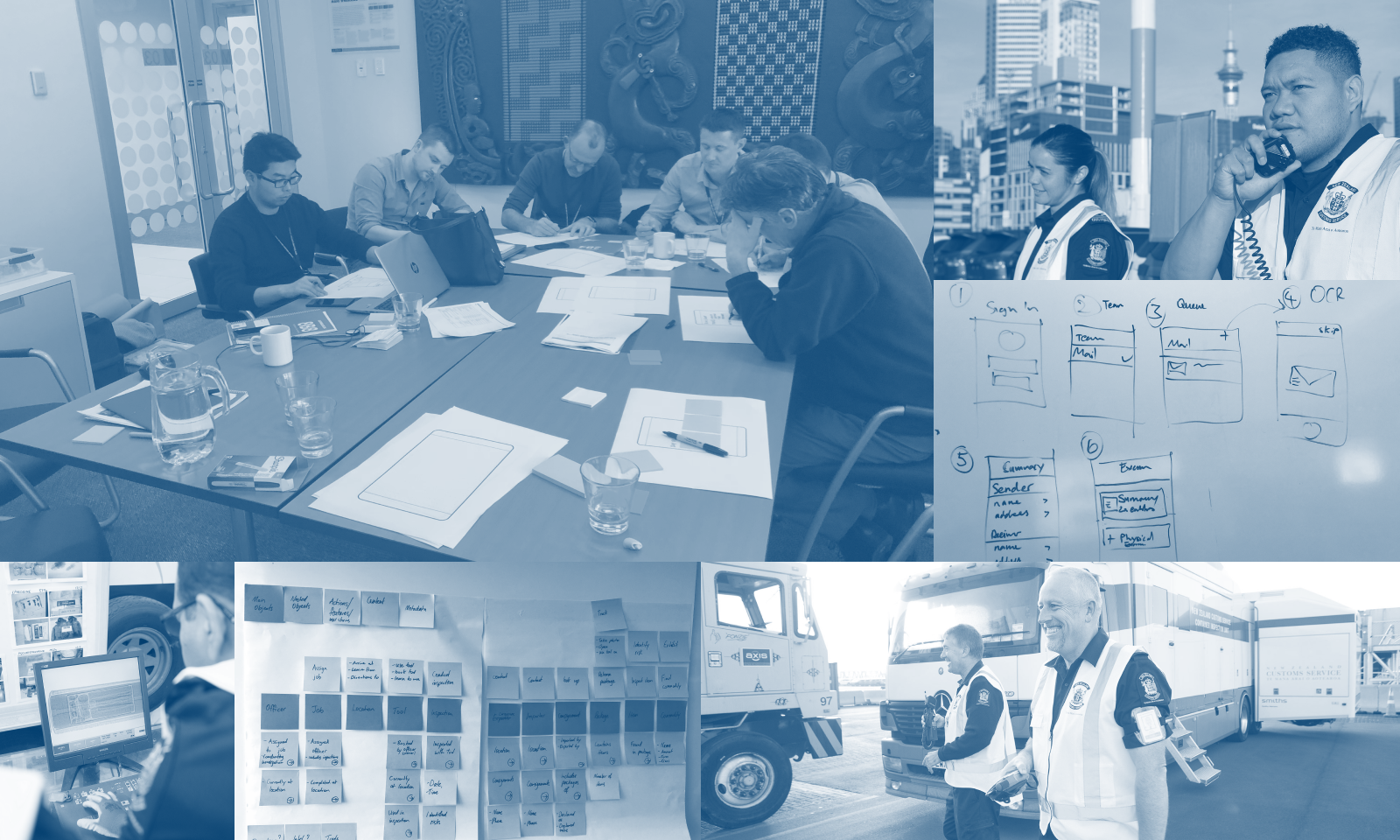 Photo collage of the design process including workshops and sketches