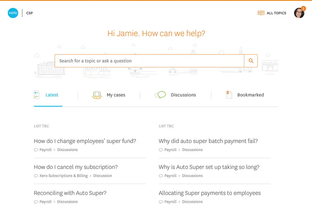 A screenshot of the Xero support page