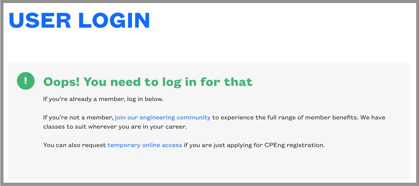 Engineering NZ login screen