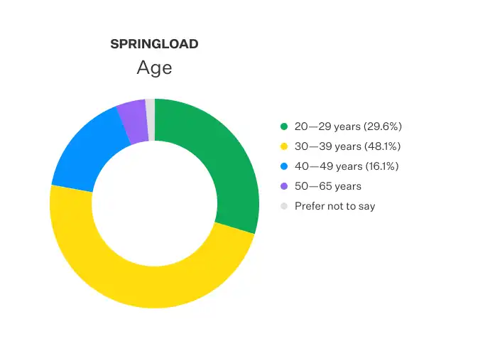 Doughnut chart displayed the age distribution of Springloaders.