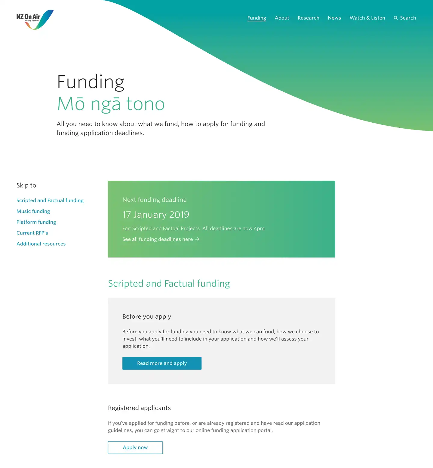Desktop screenshot of the Funding page