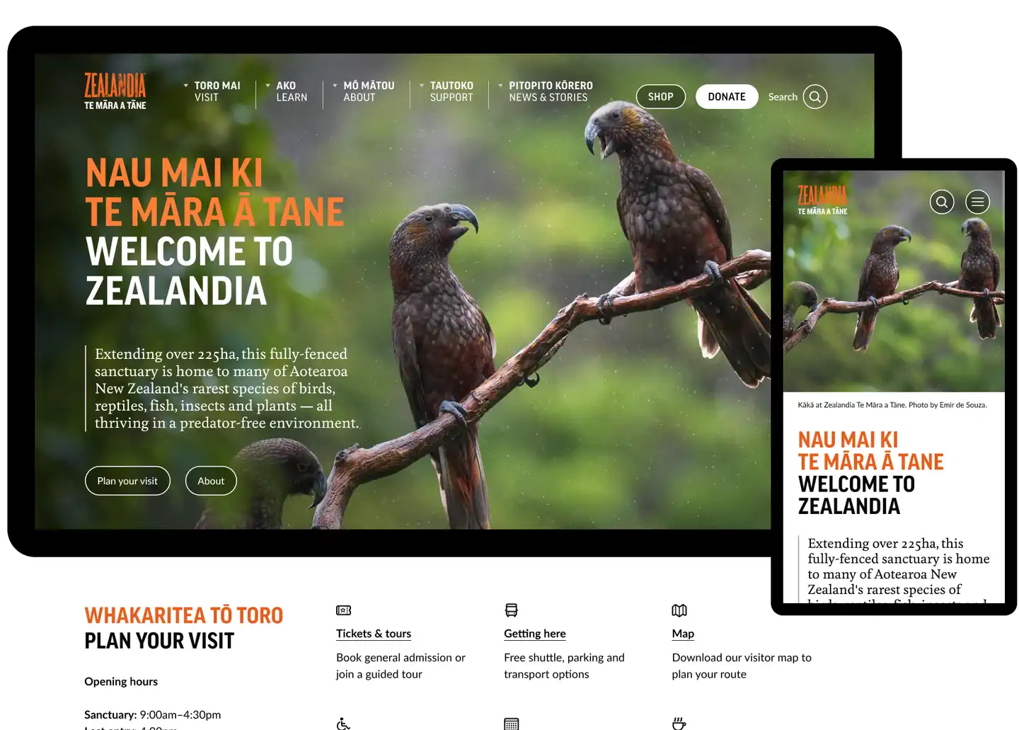 Zealandia desktop and mobile website screens with kaka birds